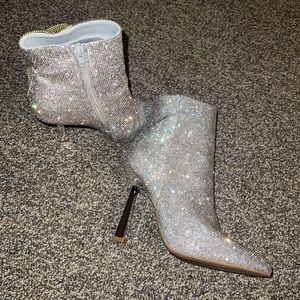 Sparkling Silver Rhinestone Stiletto Ankle Boots